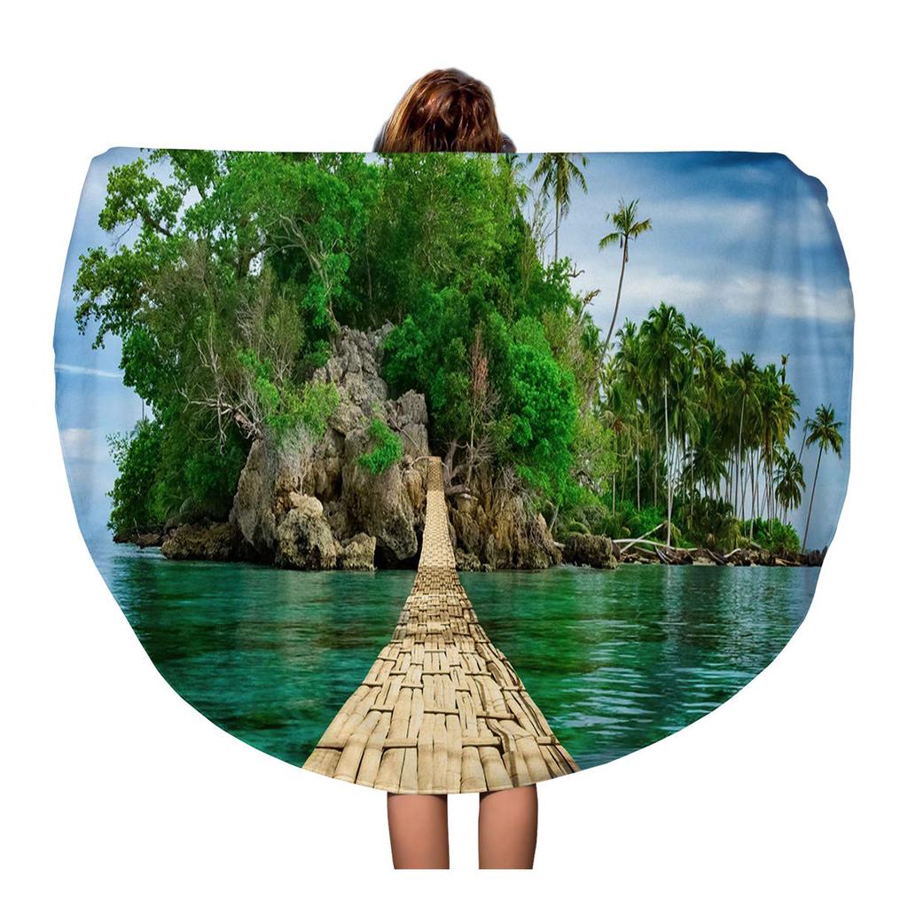 Buy 60inch/150cm Round Beach Towel Blanket Bamboo Pedestrian Hanging Bridge Over Sea To Remote