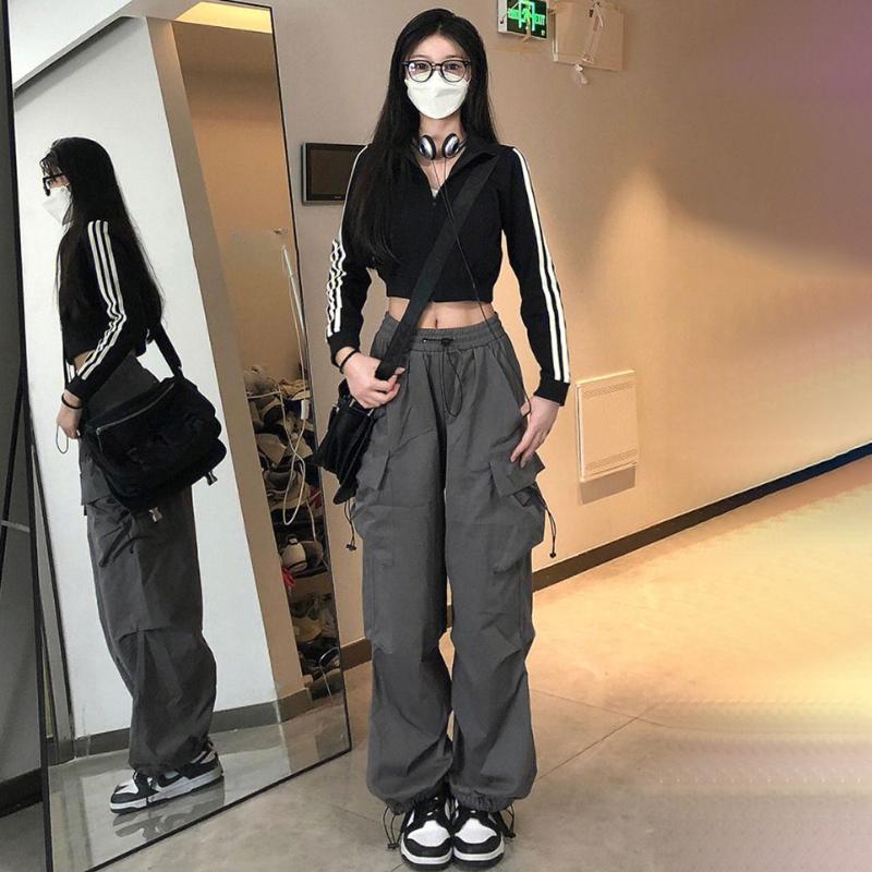 Cheap Grey Cargo Pants Women Korean Design Loose Trousers Large Size