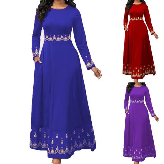 Buy Dress Zipper Closure Retro Print ONeck Long Sleeve Maxi Large Hem Women Dress Streetwear at