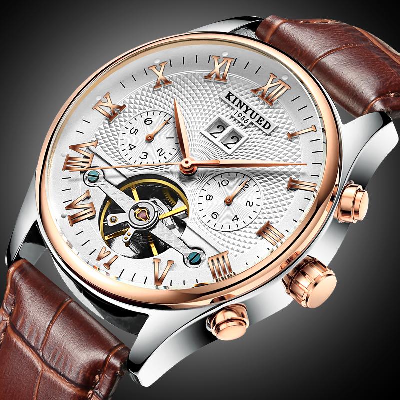 Buy KINYUED Mechanical Watch Men Skeleton Automatic Watch Self Winding Leather Band Watch at