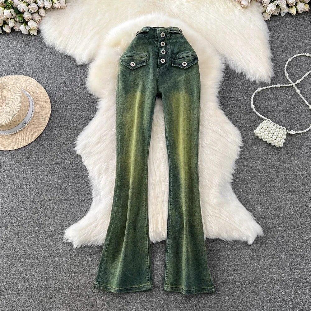 Cheap Women Jeans with Front Single Breasted Button Up Flare Pant