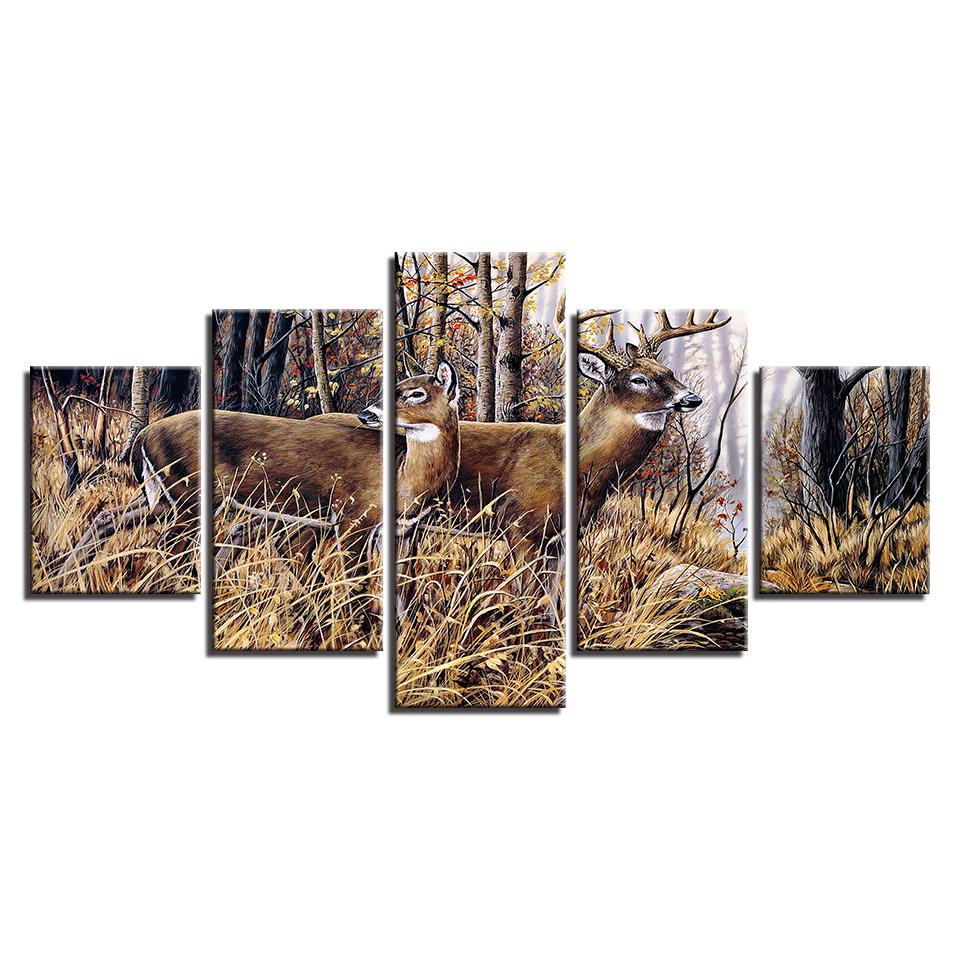 Buy 5 Panel Woods And Deer Home Decor Frameless Canvas Painting at