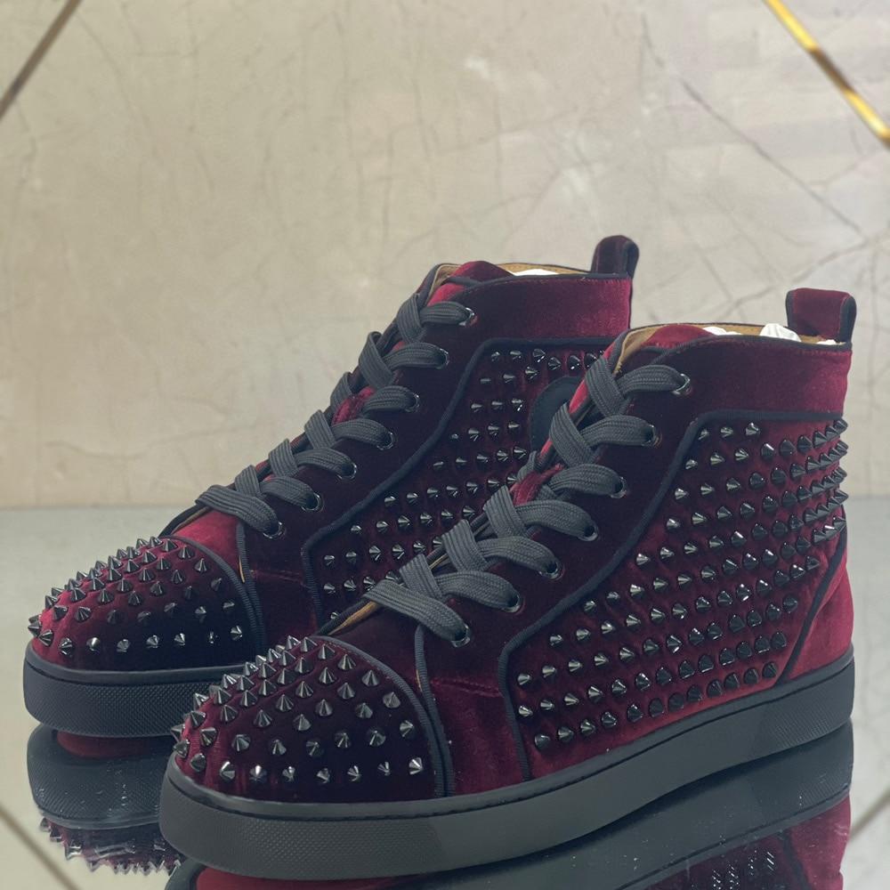 Cheap High Top Red Bottom Red Wine Velvet Leather Shoes For Men Dress