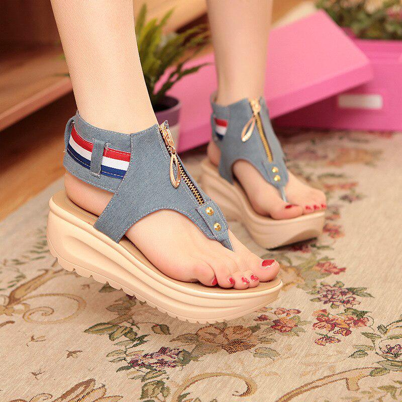Women Sandals Zip Denim Wedges Shoes Summer Beach Shoes Platform