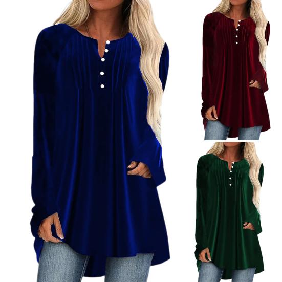 Cheap Women Velvet Shirt VNeck Buttons Half Placket Long Sleeve