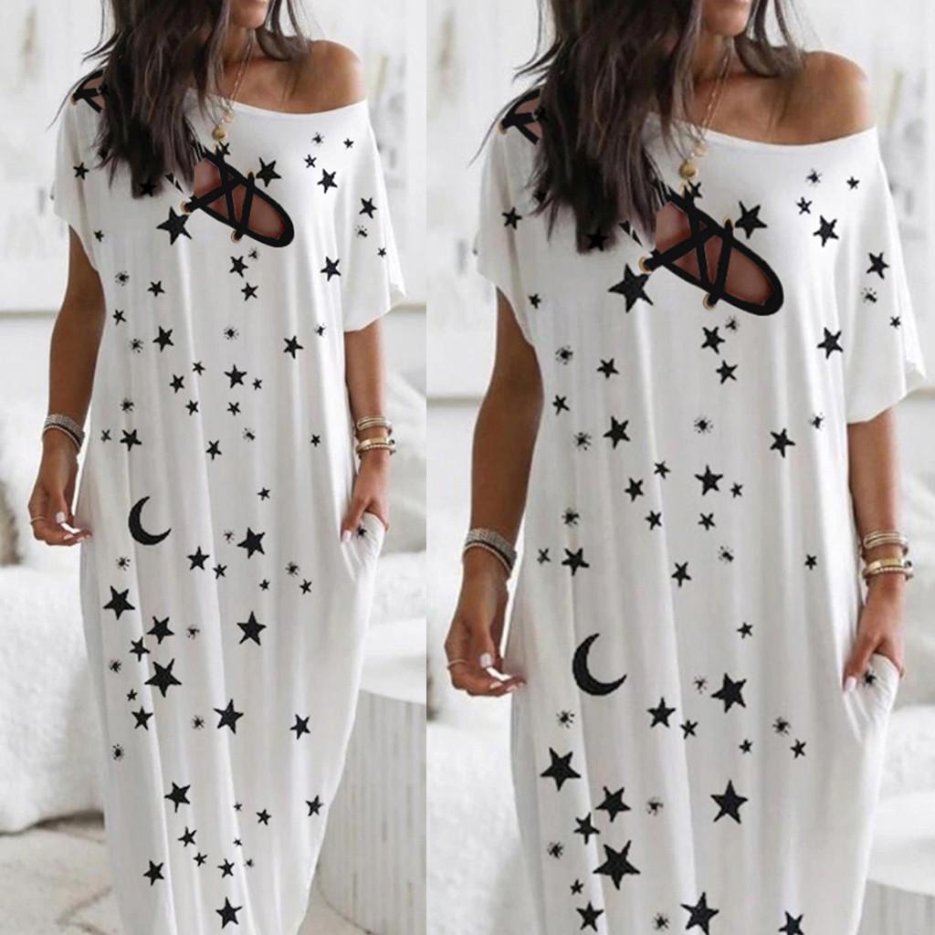 Buy Women's Daily Short Sleeve Stars Print Eyelet Laceup Casual Dress