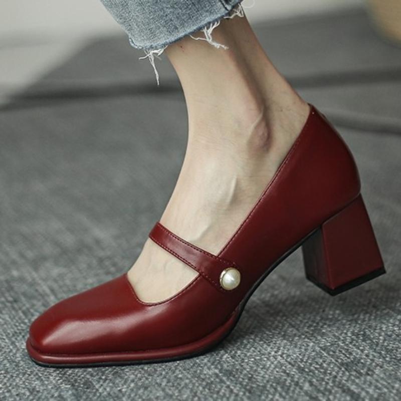 Cheap Mary Jane Shoes Woman Chunky Heels PU Leather Square Toe Designer