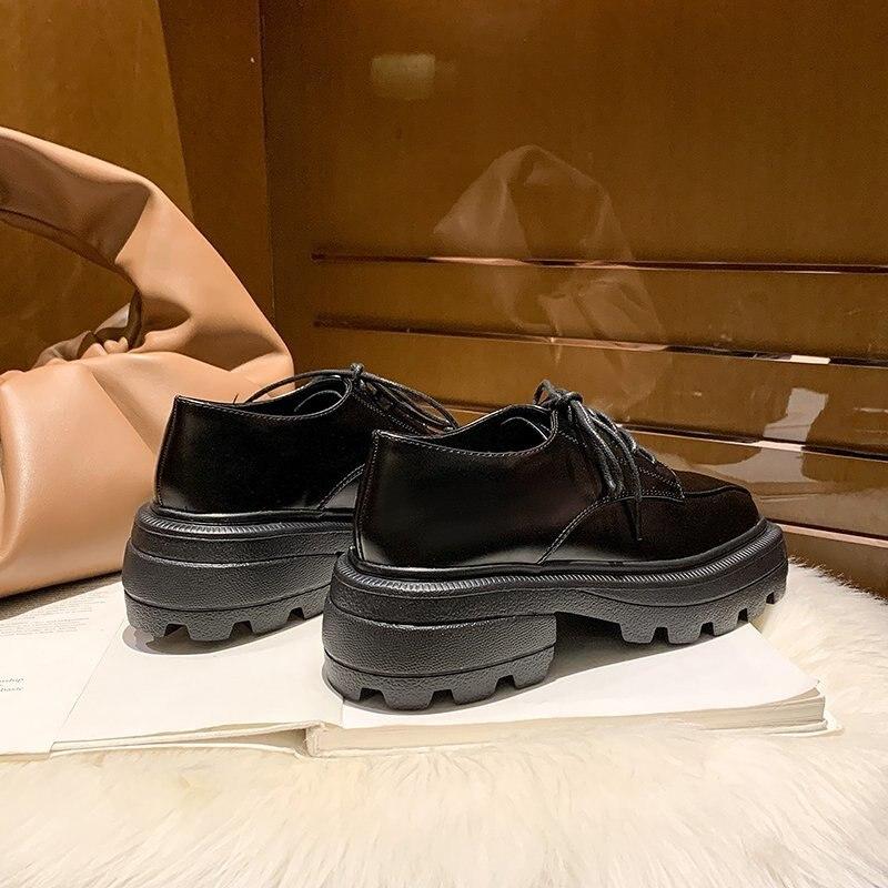 Buy Platform Shoes Women PU Leather Calfskin Solid Lace Up Square Toe