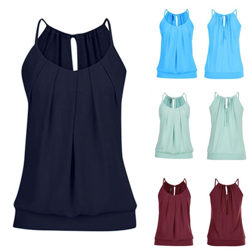 Buy Halter Top Women Solid Color Tank Tops Ladies Loose Wrinkled O Neck