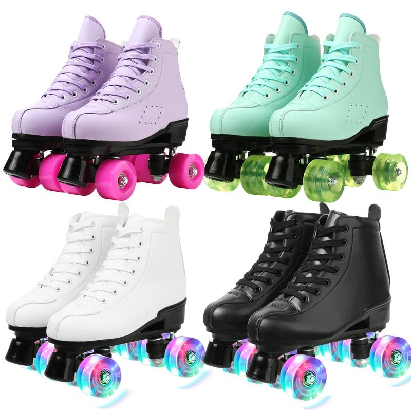 Compre Mulheres brancas PU Leather Roller Skates Patins Sapatos de