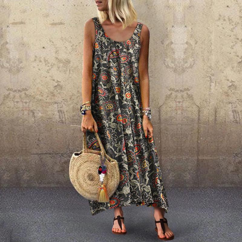 VONDA Fashion Women Sleeveless OffShoulder Casual Printed Maxi Dress