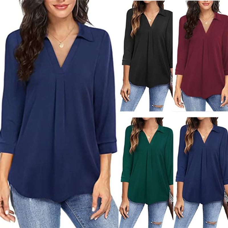 Buy Womens Collared V Neck 3/4 Sleeve Shirts Business Casual Tops Loose