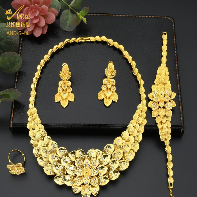 Satın alın Dubai 24K Gold Jewelry Set Nigeria Bridal Necklace Bracelet Earrings Ring Women's