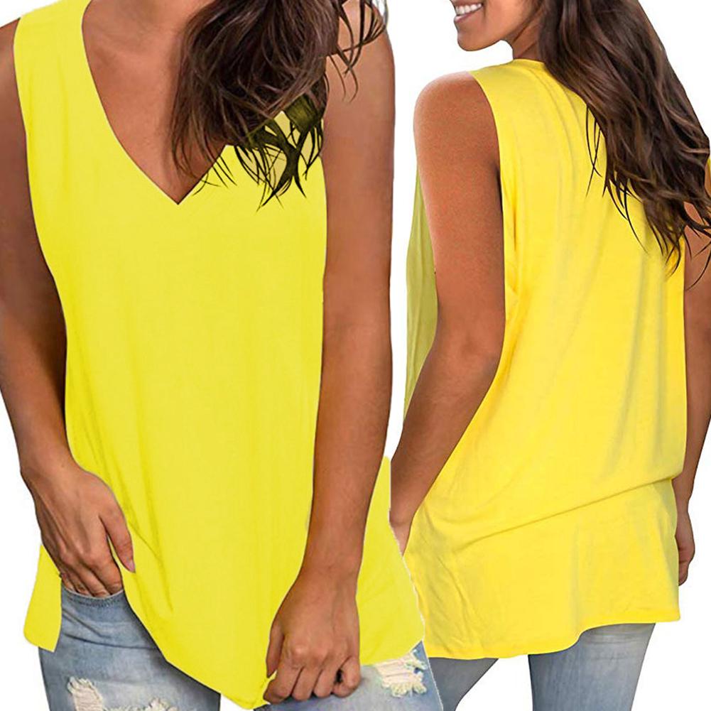 Women Casual Summer Solid Color V Neck Sleeveless Loose Vest Blouse T