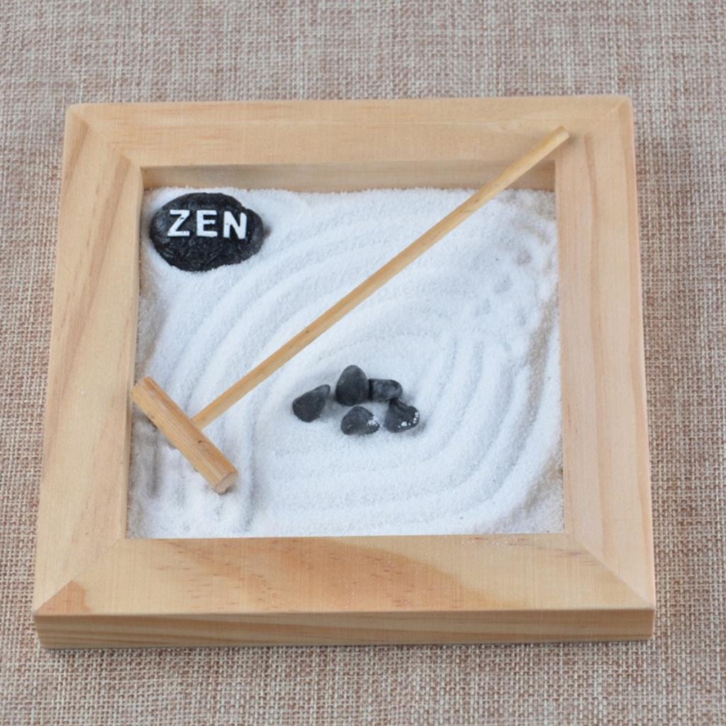 Koop Zen Garden Sand Tray Stone Rake Sands Natural Wooden Home Room