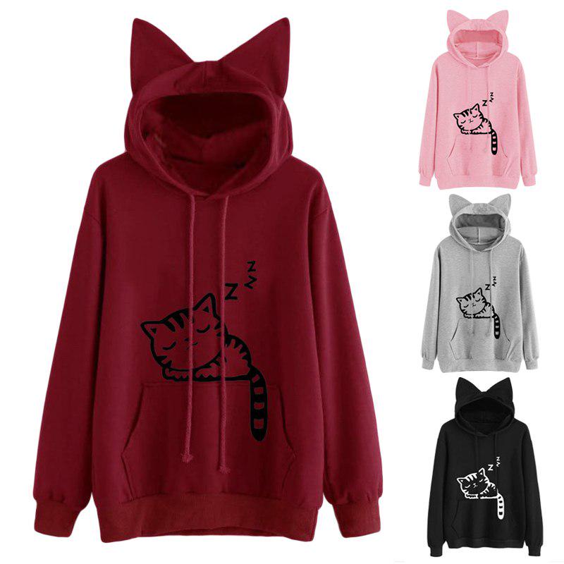 Buy Women Cute Cartoon Sleeping Cat Print Hooded Sweatshirt Casual