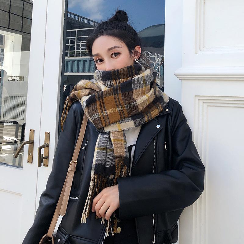 Cheap Plaid scarf women's autumn and winter new Korean version of wild cashmere tassel shawl