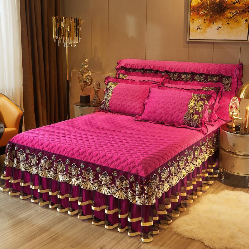 Cheap Luxury Europe Princess Bedding Bed Skirt Set Pillowcases Velvet