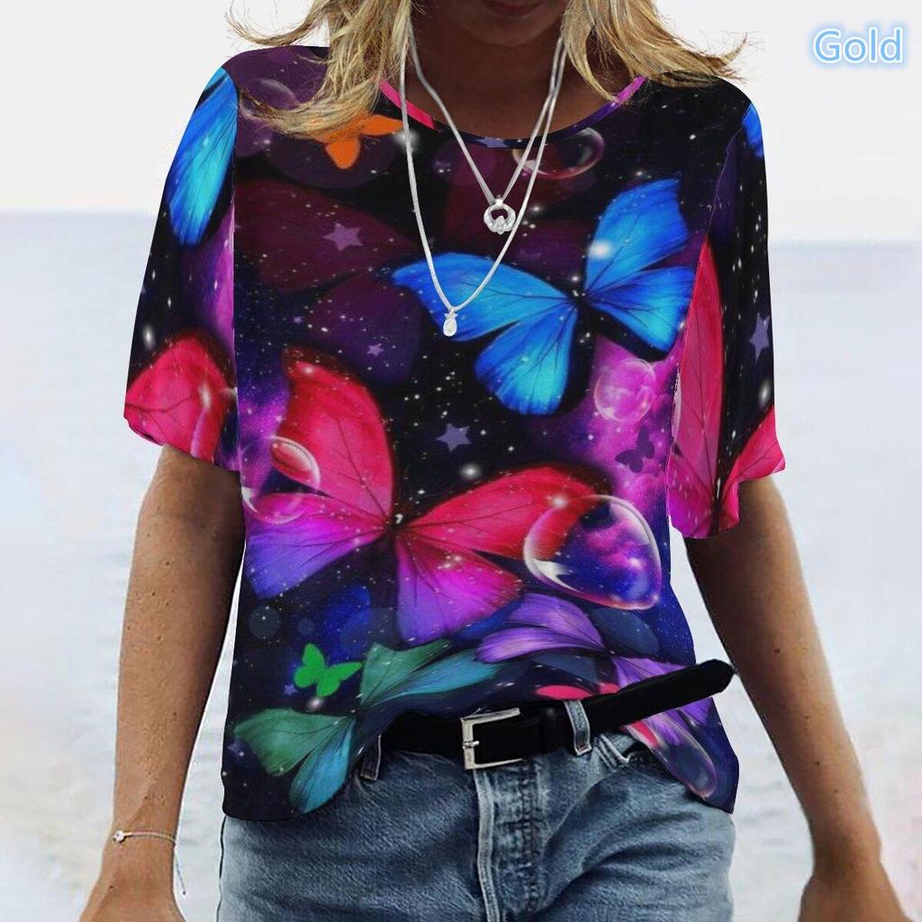 Buy XXS10XL Plus Size Women Summer Butterfly Floral Print Round Neck