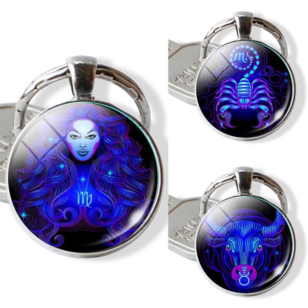 Buy 12 Constellation Zodiac Sign Round Glass Pendant Key Ring Holder
