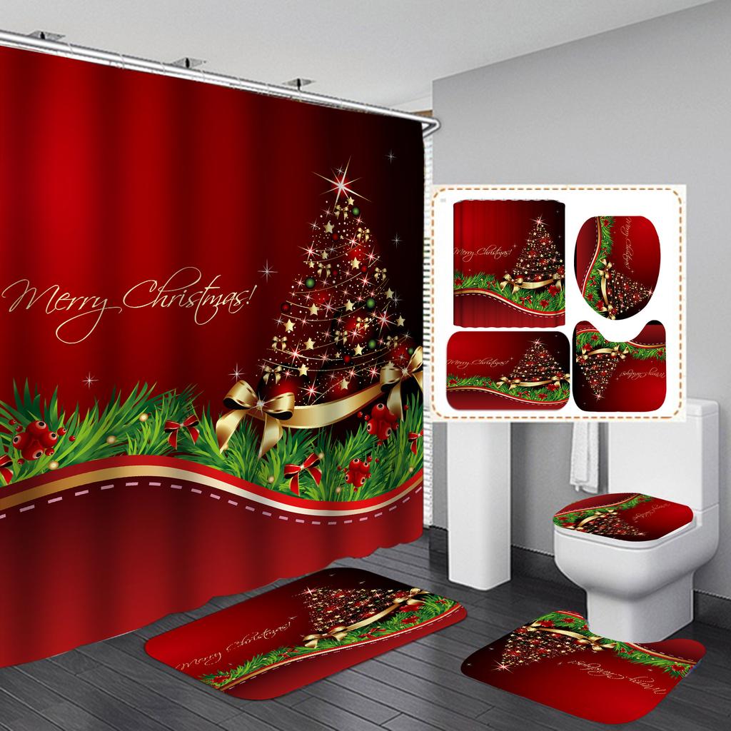 Cheap Red Christmas Tree Bathroom Set Shower Curtain Waterproof Santa