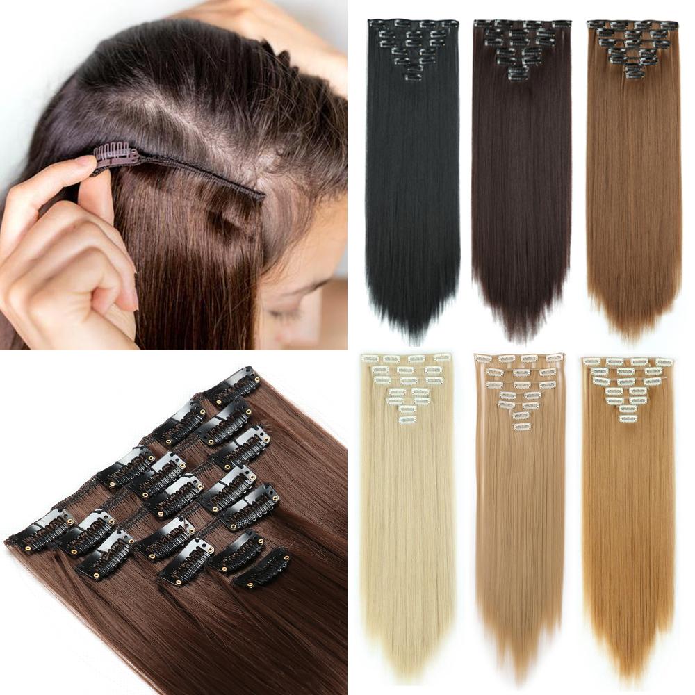 Cheap 7Pcs/Set 22" Hairpiece Black Golden Straight 16 Clips In False
