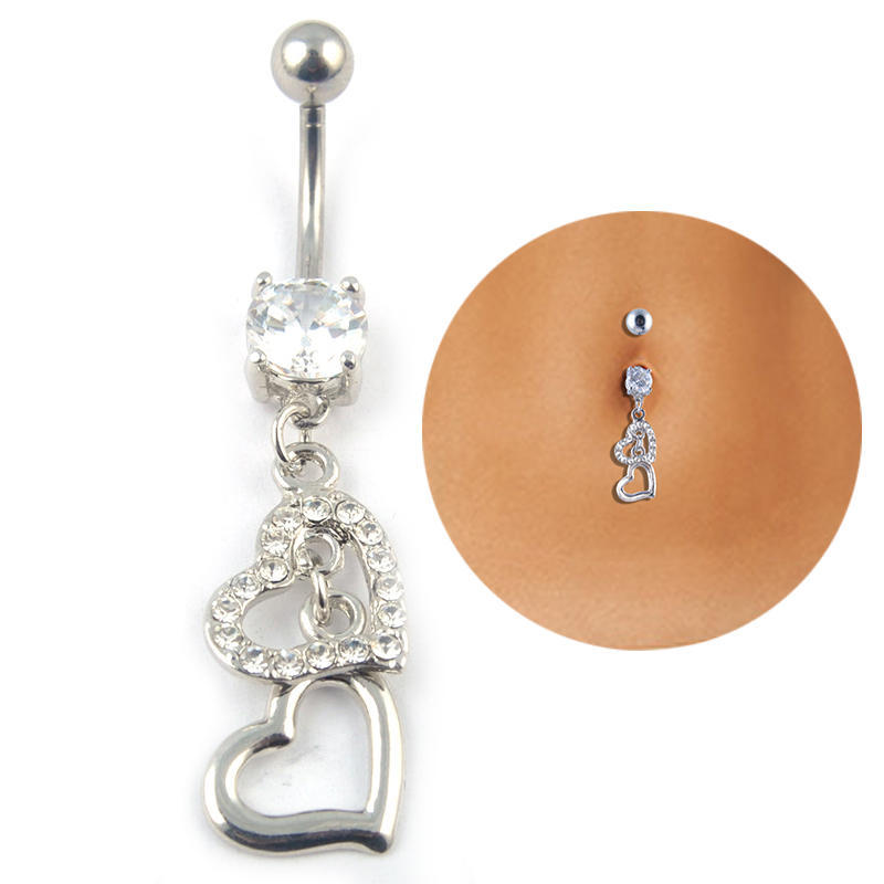 Buy Double Heart Crystal Rhinestone Steel Belly Navel Ring Bar Barbell