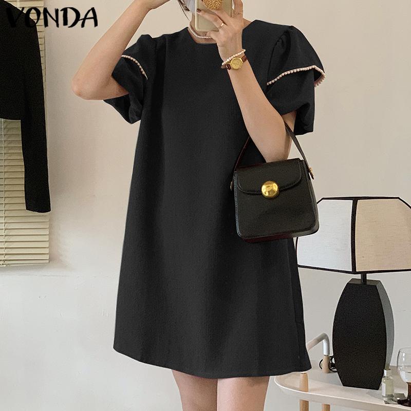 Buy VONDA Summer Women H Line Puff Sleeve Short Dress at affordable