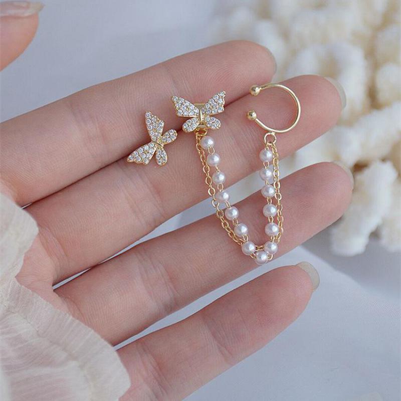 Earings Fashion Jewelry Asymmetrical Butterfly Simulation Pearl Ear