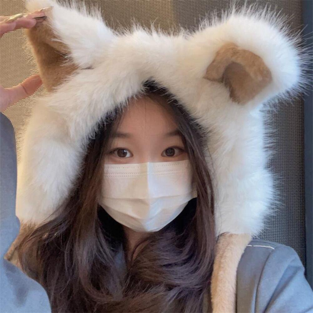 Fluffy Cat Ears Hat Skull Cap Ear Protection Hat Cute Winter Plush Hat