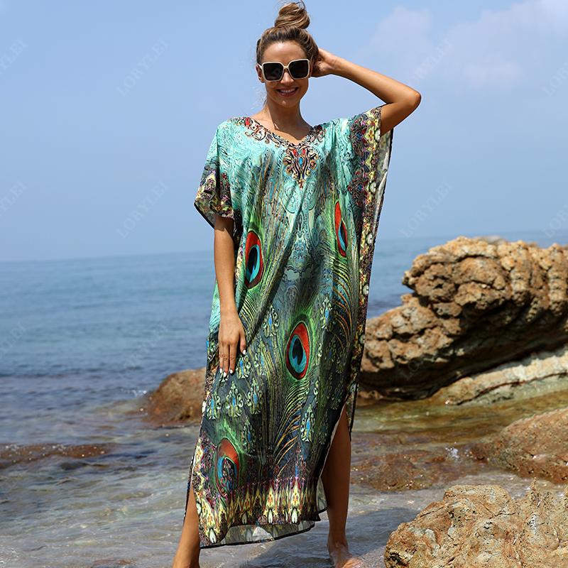 Cheap Plus Size Bikini Coverups Quickdrying Fabric Green Boho Printed