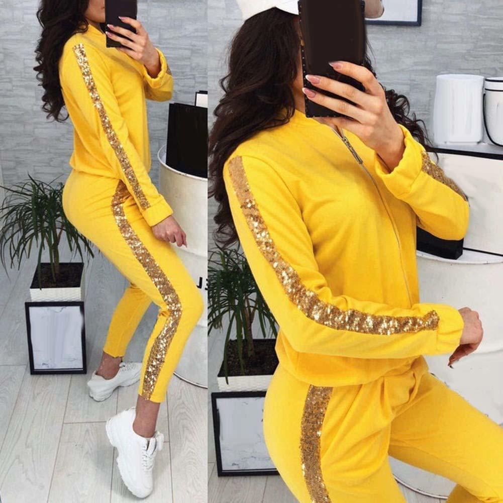2Pcs Women Jogging Suit Sequins Patchwork Tracksuits Sweatshirt Coat