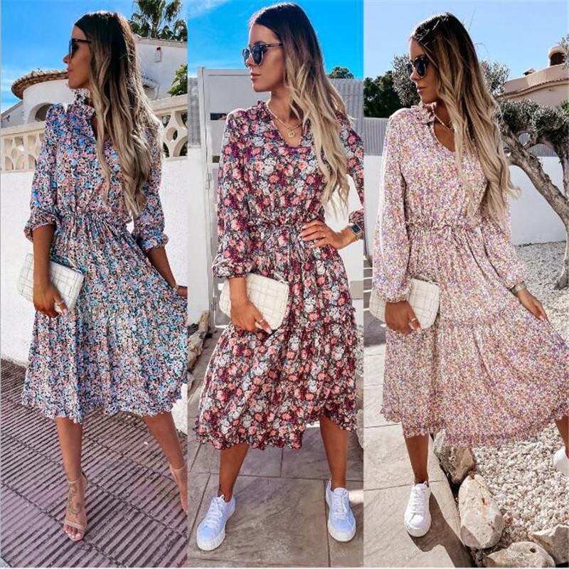 Buy Women Summer Holiday Floral Printed Sweet Long Sleeve Midi Dress at