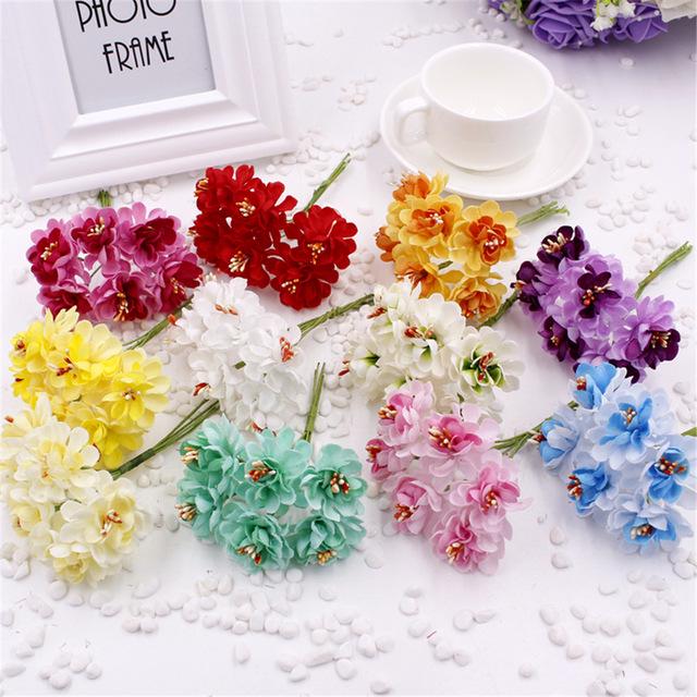 6Pcs/Lot Mini Silk Artificial Rose Flowers Bouquet Scrapbooking Leaves