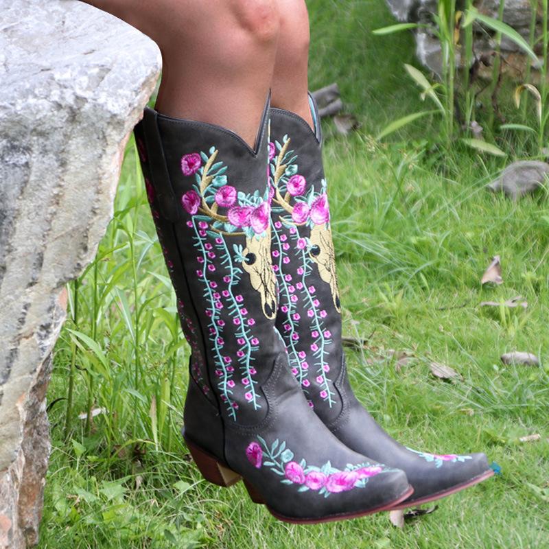Buy Women's Western Boots Ethnic Embroidery Low Heel Square Heel Flower