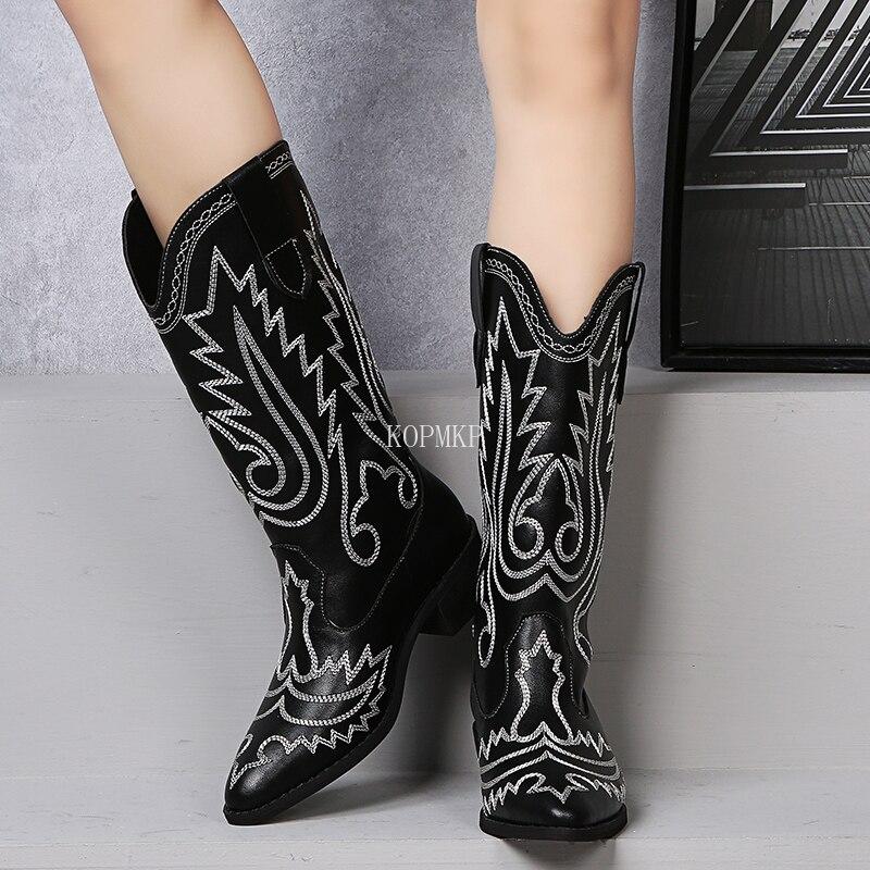 Kjøp Ladies Fashion Leather Embroidery Botas Mujer Women Mid Calf