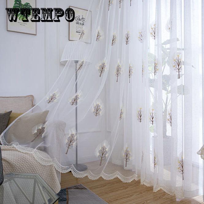 Cheap Rustic Flower Embroidered White Tulle Curtains for Living Room