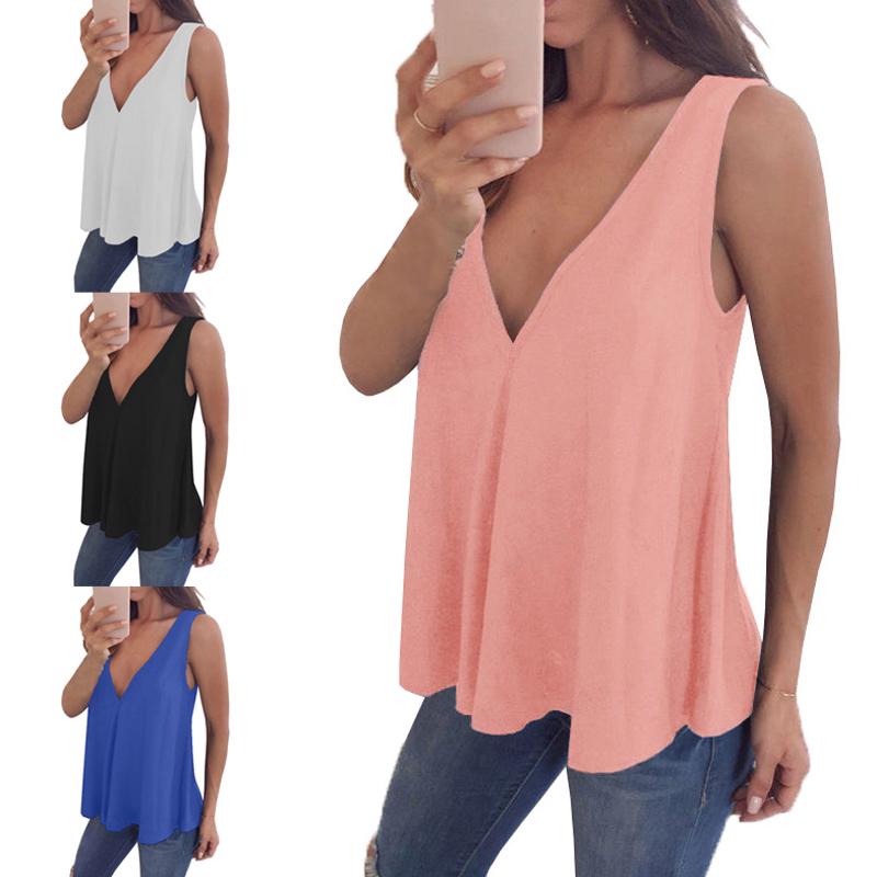 Buy Women Solid Color Tank Tops Chiffon Blouse Vest TShirt V Neck