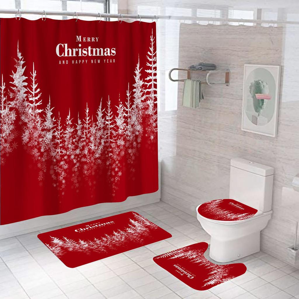 Cheap Red Christmas Tree Bathroom Set Shower Curtain Waterproof Santa