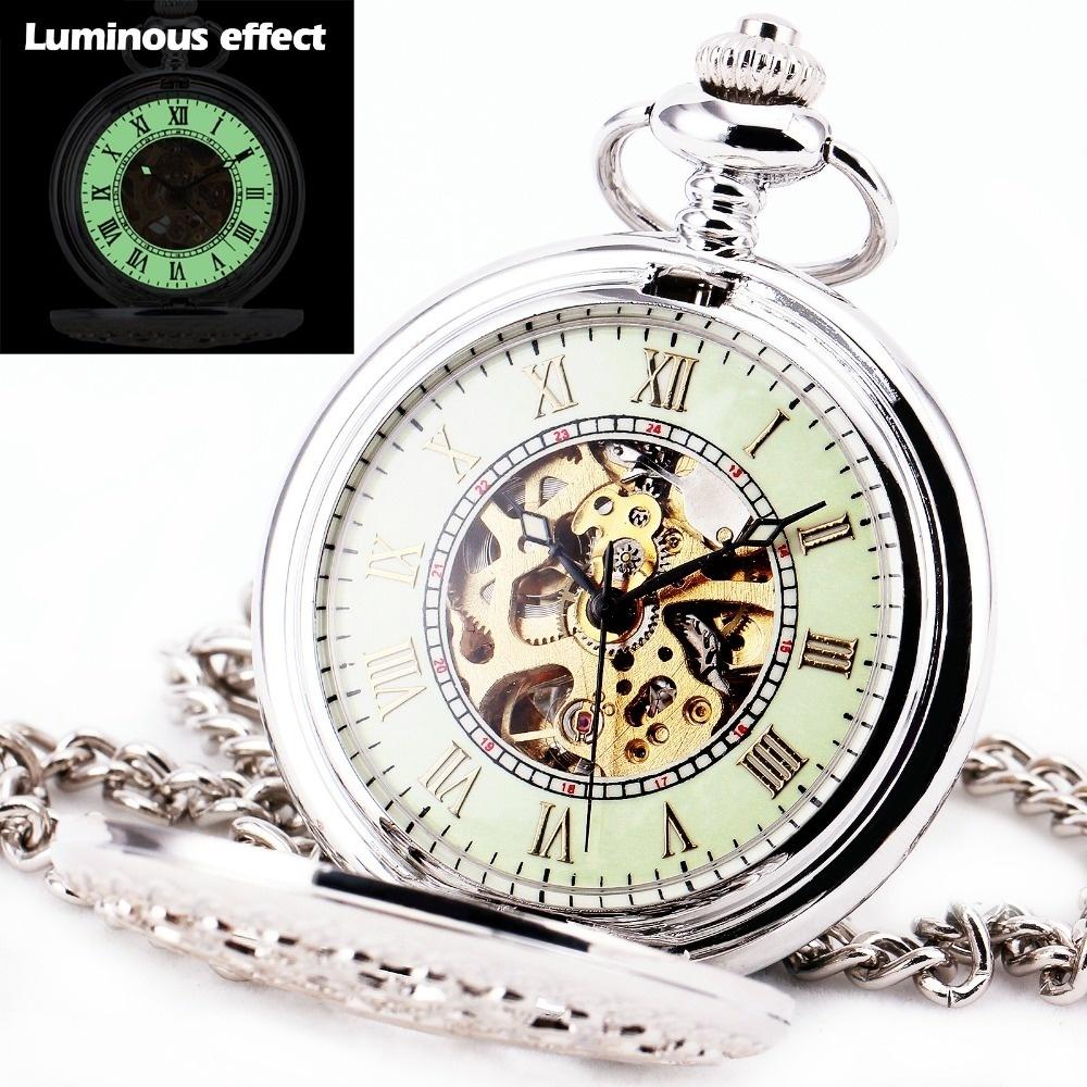 Buy Delicate Silver Stainless Steel Unisex Baroque Luminous Automatic Mechanical Pocket Watch
