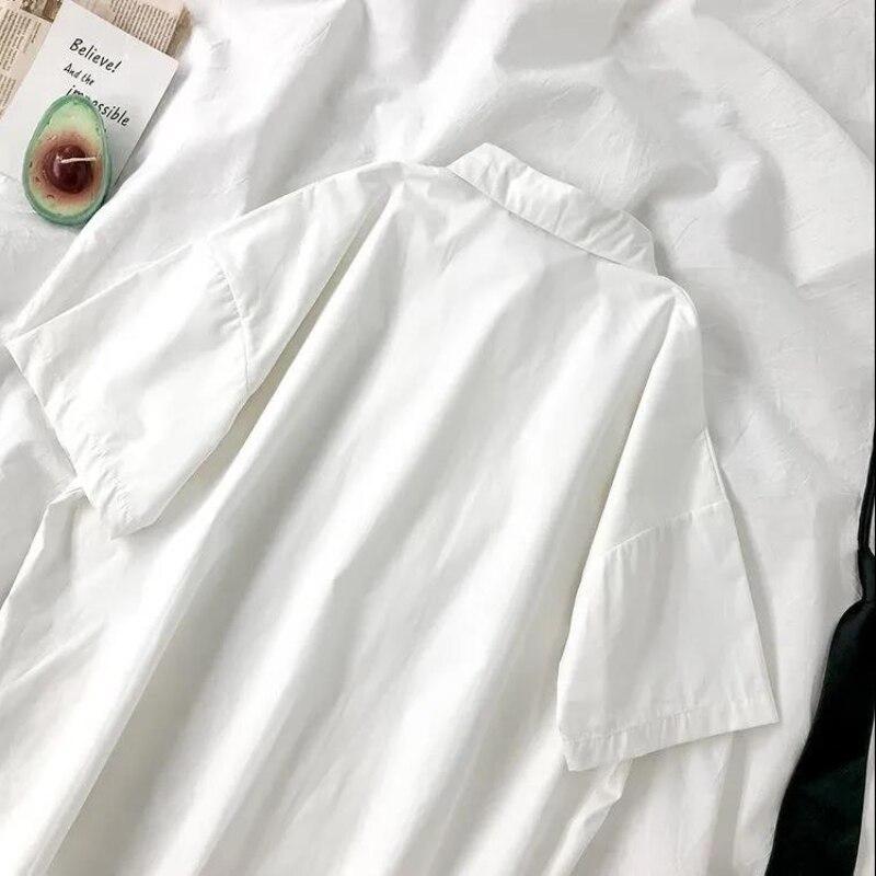 Cheap White Shirts Women with Tie Japanese Style Preppy Students BF Simple Solid Loose Summer