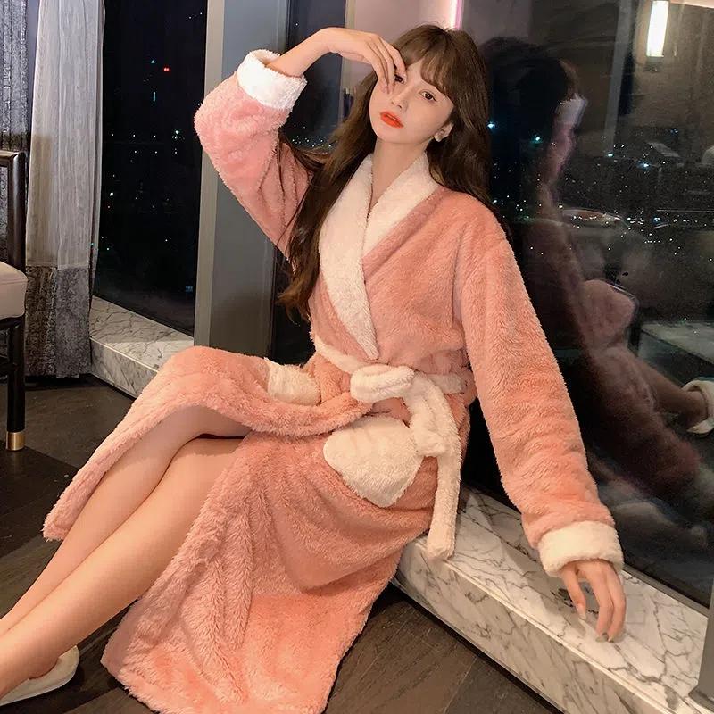 Cheap Coral Fleece Warm Robe Female Autumn and Winter Plus Velvet