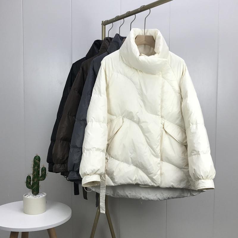 Cheap Women Winter White Down Coat Loose Stand Up Collar Ribbon Thicken
