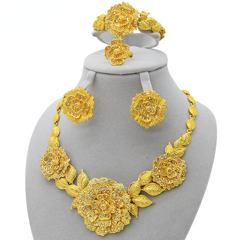 Cheap 24k Gold Plated Dubai Bridal Wedding Jewelry Set Indian Ladies Necklace Earrings Ring