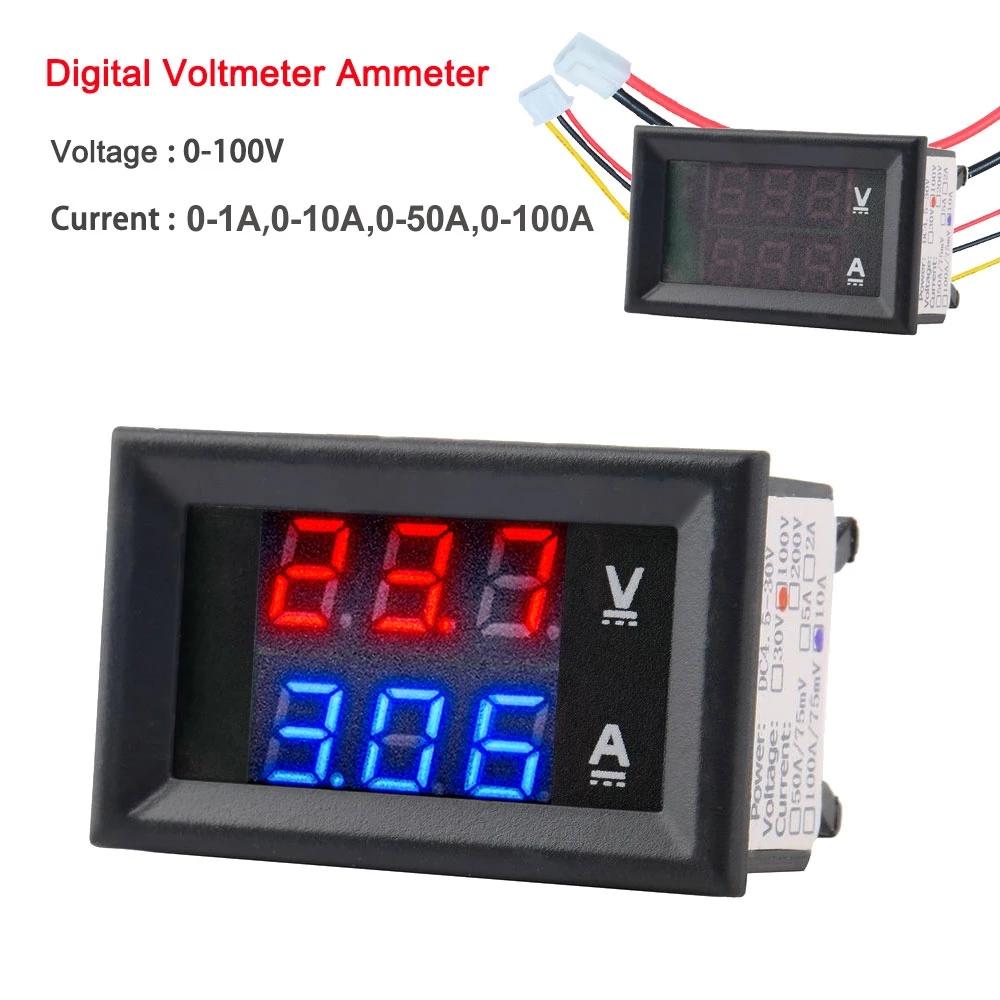 Cheap DC 100V 1A 10A 50A 100A Voltmeter Ammeter Blue + Red LED Amp Dual