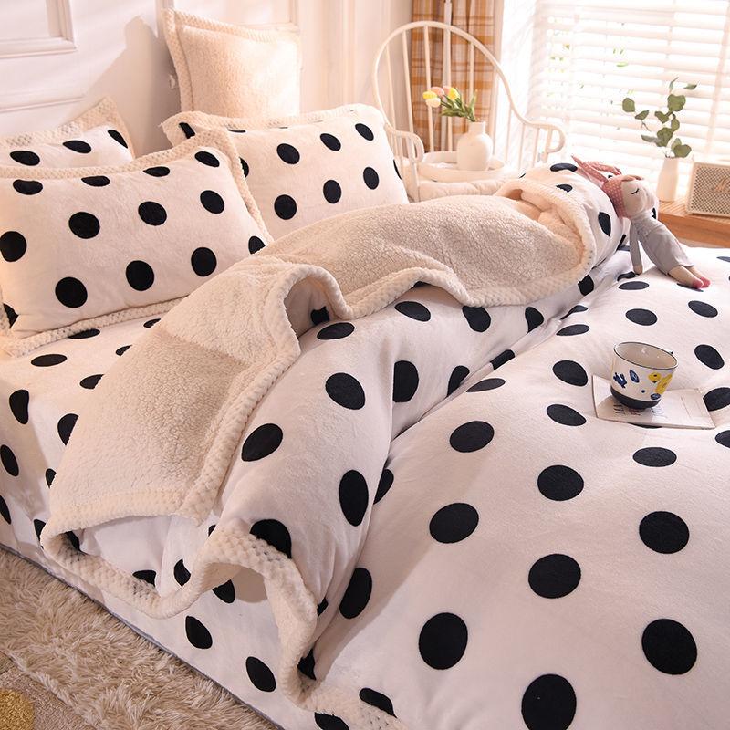 Buy 3pcs/set or 4pcs/set Dots Printed Warm Soft Sherpa Fleece Bedding Set Winter Velvet Quilt