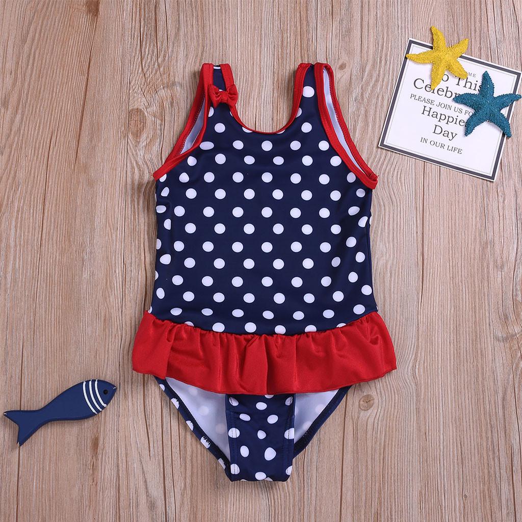 Buy Girls' Summer Cute Sleeveless Polka Dot Print Ruffle OnePiece Swimsuit at affordable prices