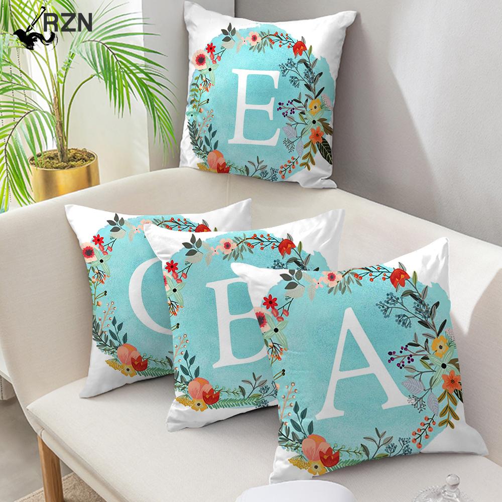 AZ Letter Cushion Cover Blue Floral Soft Throw Pillow Cover Decorative
