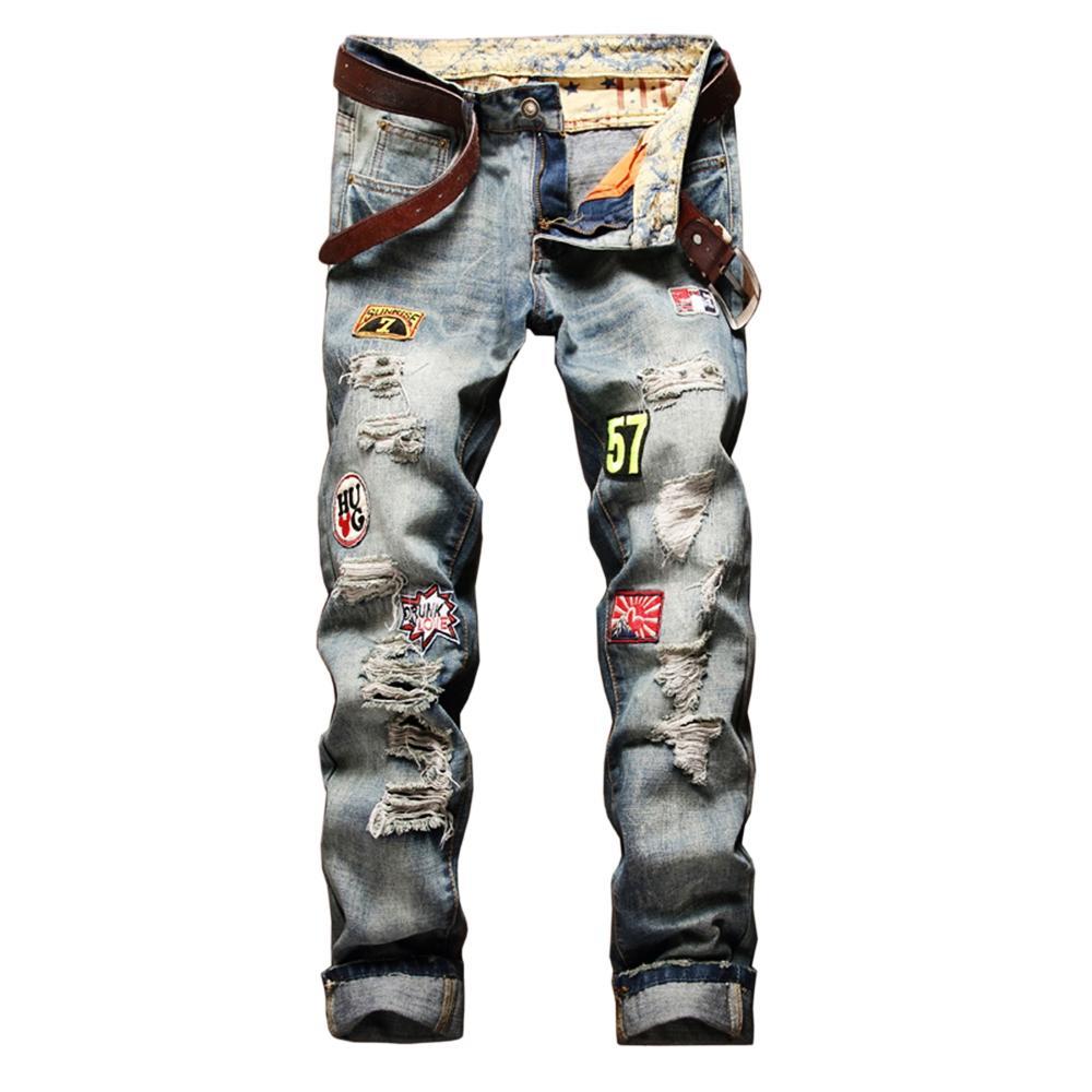 MaleWardrobe Cotton Jeans Holes Zipper Fly Denim Pantsbuy at a low