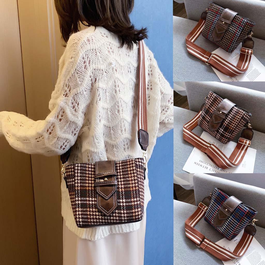 Buy Women 2019 New Wool Shoulder Bag Plaid Messenger Bag Fashion Bucket